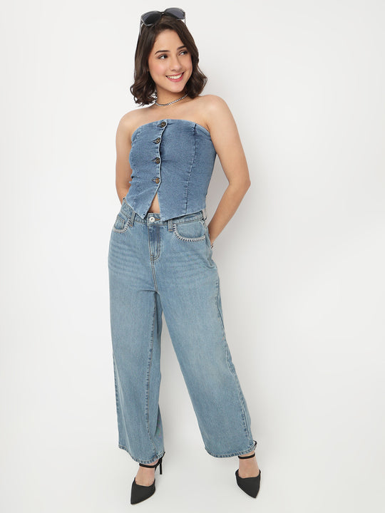 TARAMA Stretchable Women's Mid Blue Denim Corset Top