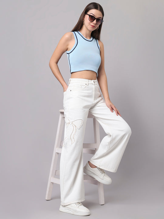 TARAMA Bow Appliqué High-Waist Wide-Leg Denim Jeans