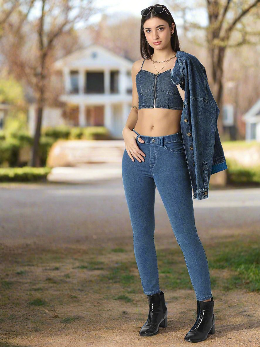 TARAMA Denim Front-Zip Crop Top with Smocked Back