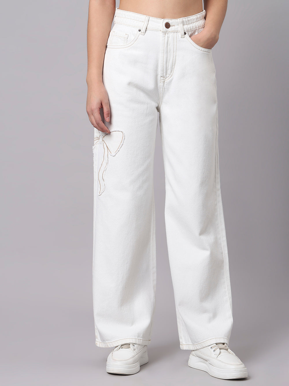 TARAMA Bow Appliqué High-Waist Wide-Leg Denim Jeans
