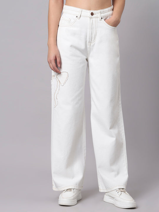 TARAMA Bow Appliqué High-Waist Wide-Leg Denim Jeans
