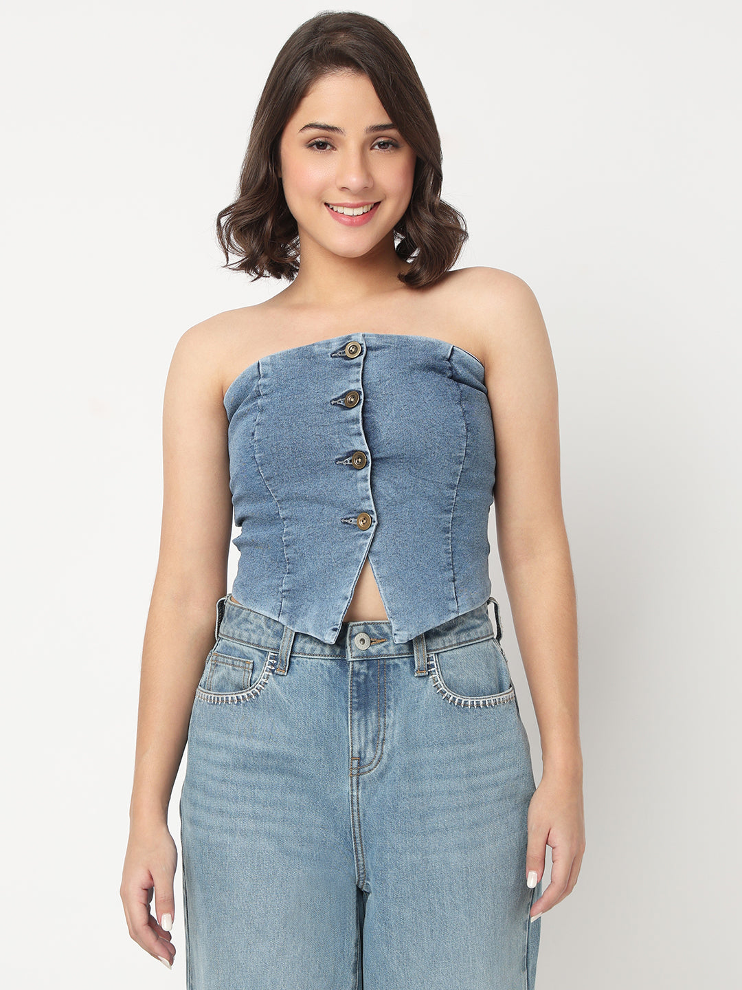 TARAMA Stretchable Women's Mid Blue Denim Corset Top