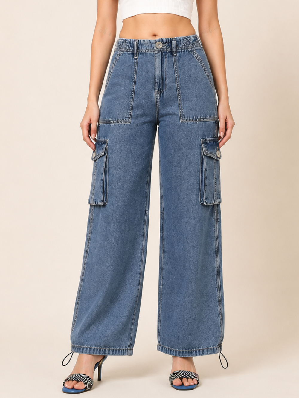 Adjustable Hem Wide Leg Cargo Jeans