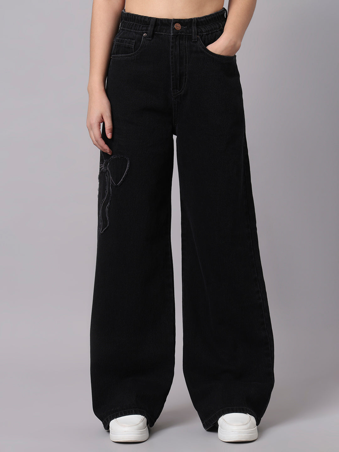 TARAMA Bow Appliqué High-Waist Wide-Leg Denim Jeans