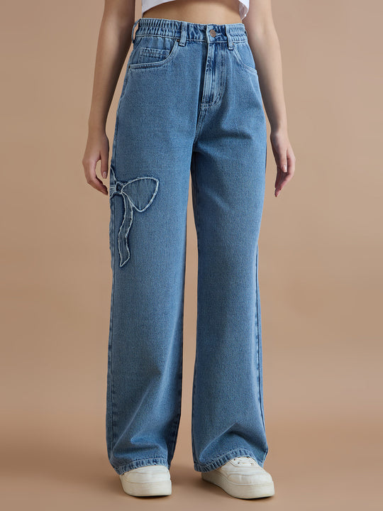 TARAMA Bow Appliqué High-Waist Wide-Leg Denim Jeans