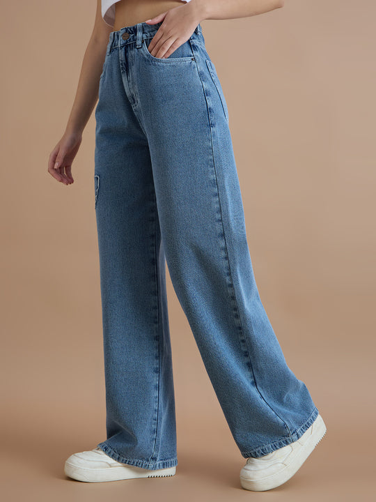 TARAMA Bow Appliqué High-Waist Wide-Leg Denim Jeans