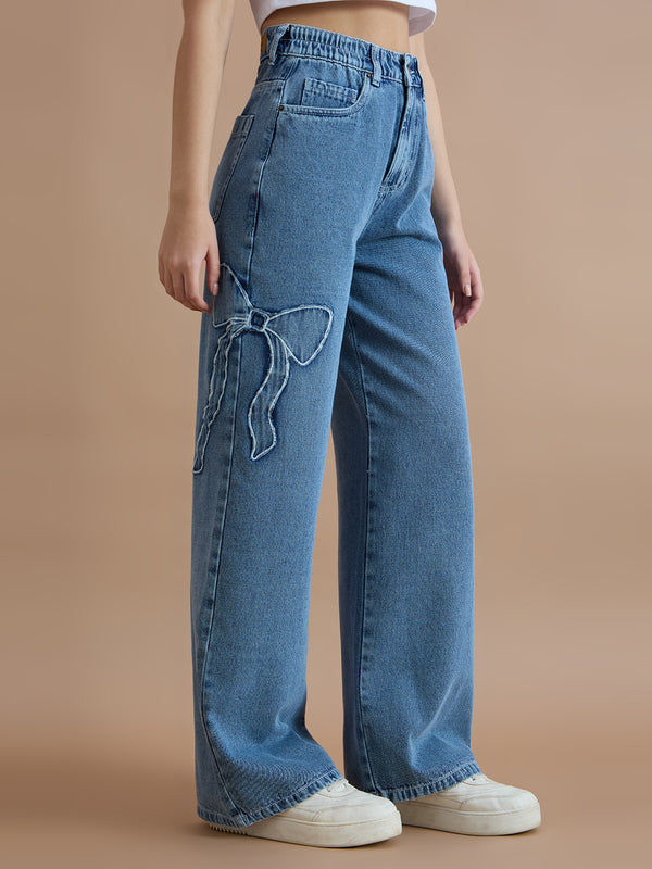 TARAMA Bow Appliqué High-Waist Wide-Leg Denim Jeans