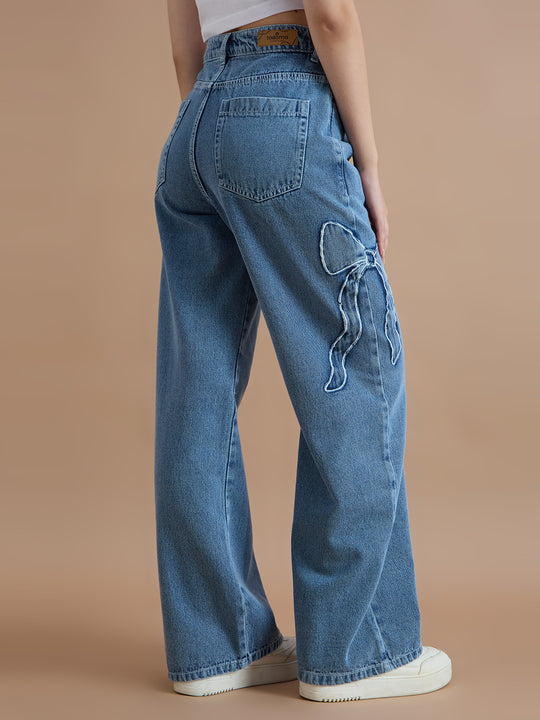 TARAMA Bow Appliqué High-Waist Wide-Leg Denim Jeans