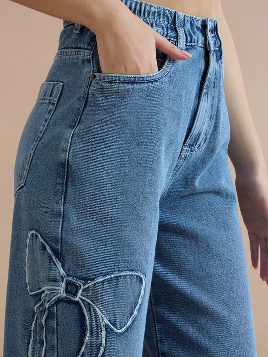 TARAMA Bow Appliqué High-Waist Wide-Leg Denim Jeans