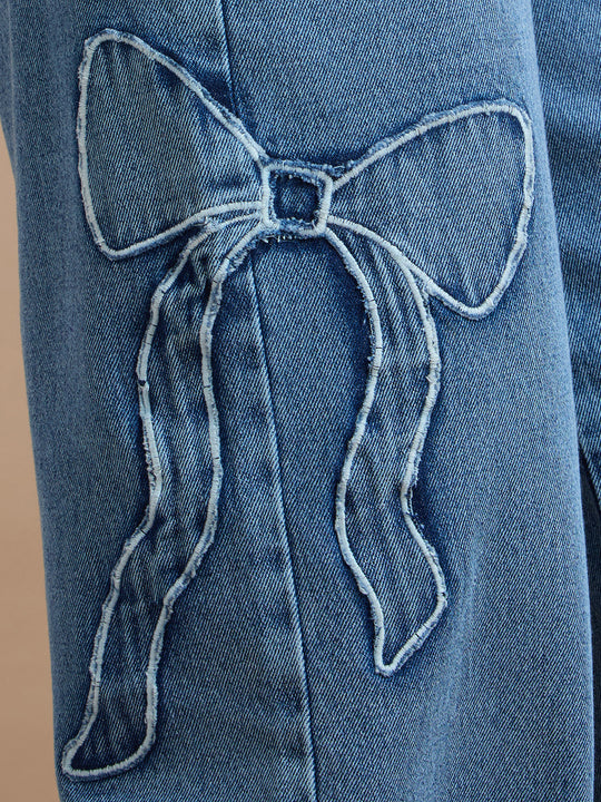 TARAMA Bow Appliqué High-Waist Wide-Leg Denim Jeans