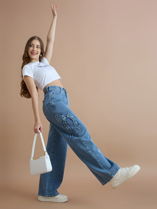 Bow Appliqué Wide Leg Jeans-Light Blue