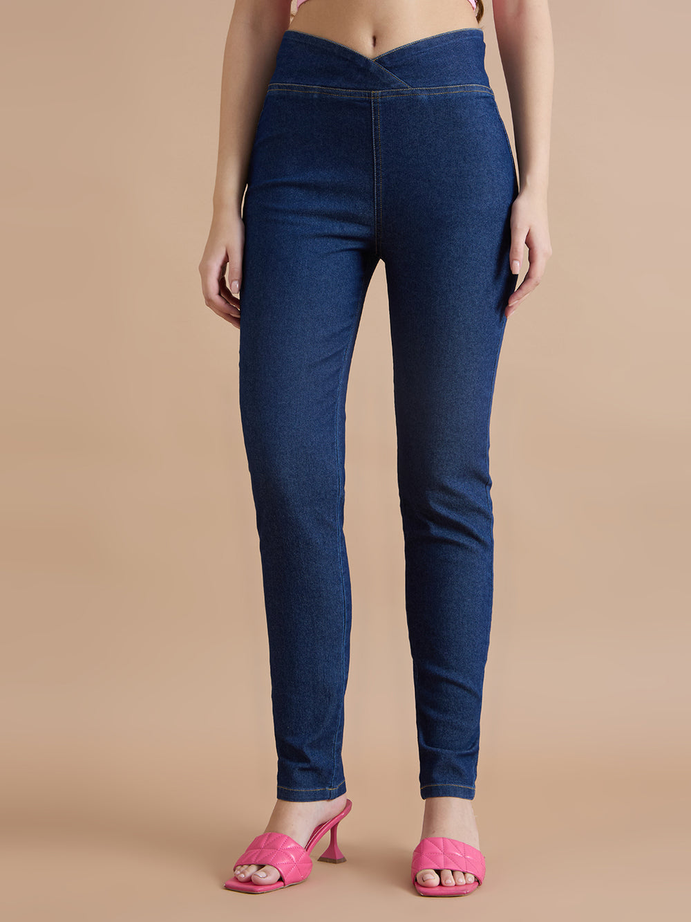 TAARAMA Pull On Criss-Cross Mid Waist Skinny Denim jeans