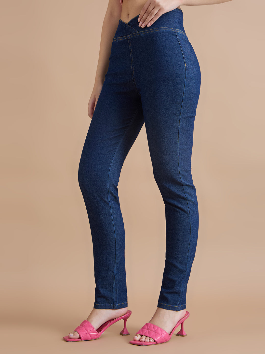 TAARAMA Pull On Criss-Cross Mid Waist Skinny Denim jeans