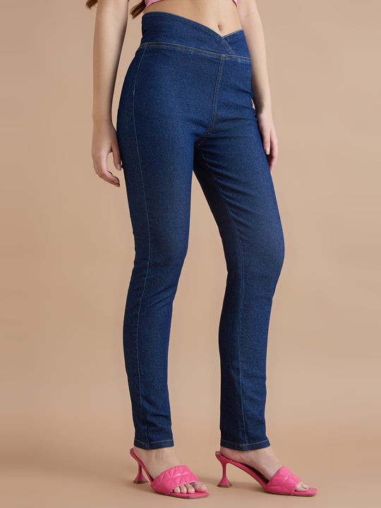 TAARAMA Pull On Criss-Cross Mid Waist Skinny Denim jeans