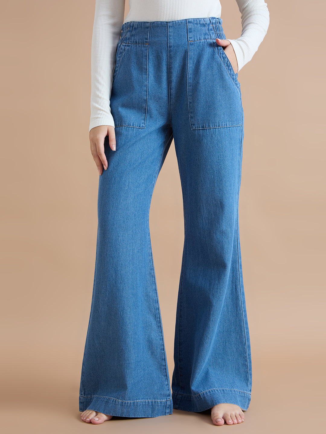 TARAMA Classic Blue Pull-On Flare Fit Jeans
