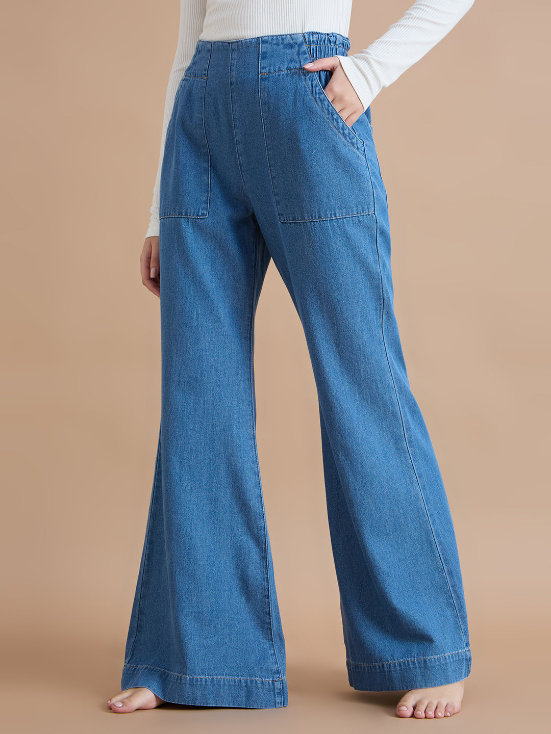 TARAMA Classic Blue Pull-On Flare Fit Jeans