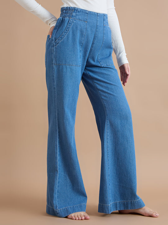 TARAMA Classic Blue Pull-On Flare Fit Jeans