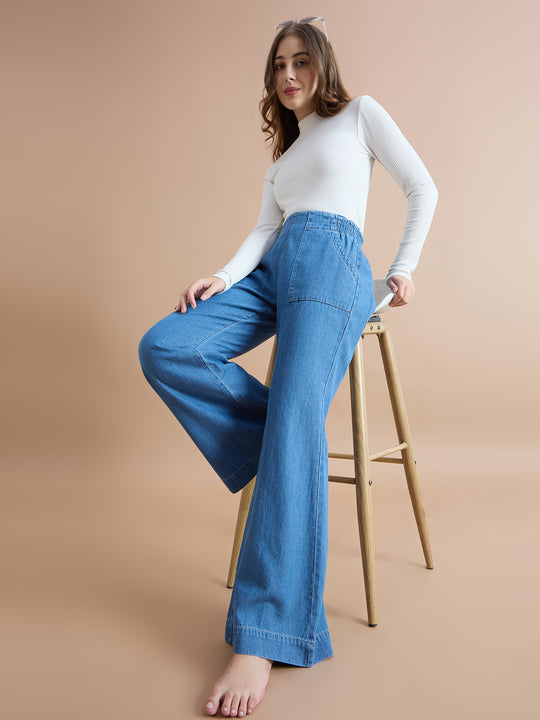 TARAMA Classic Blue Pull-On Flare Fit Jeans