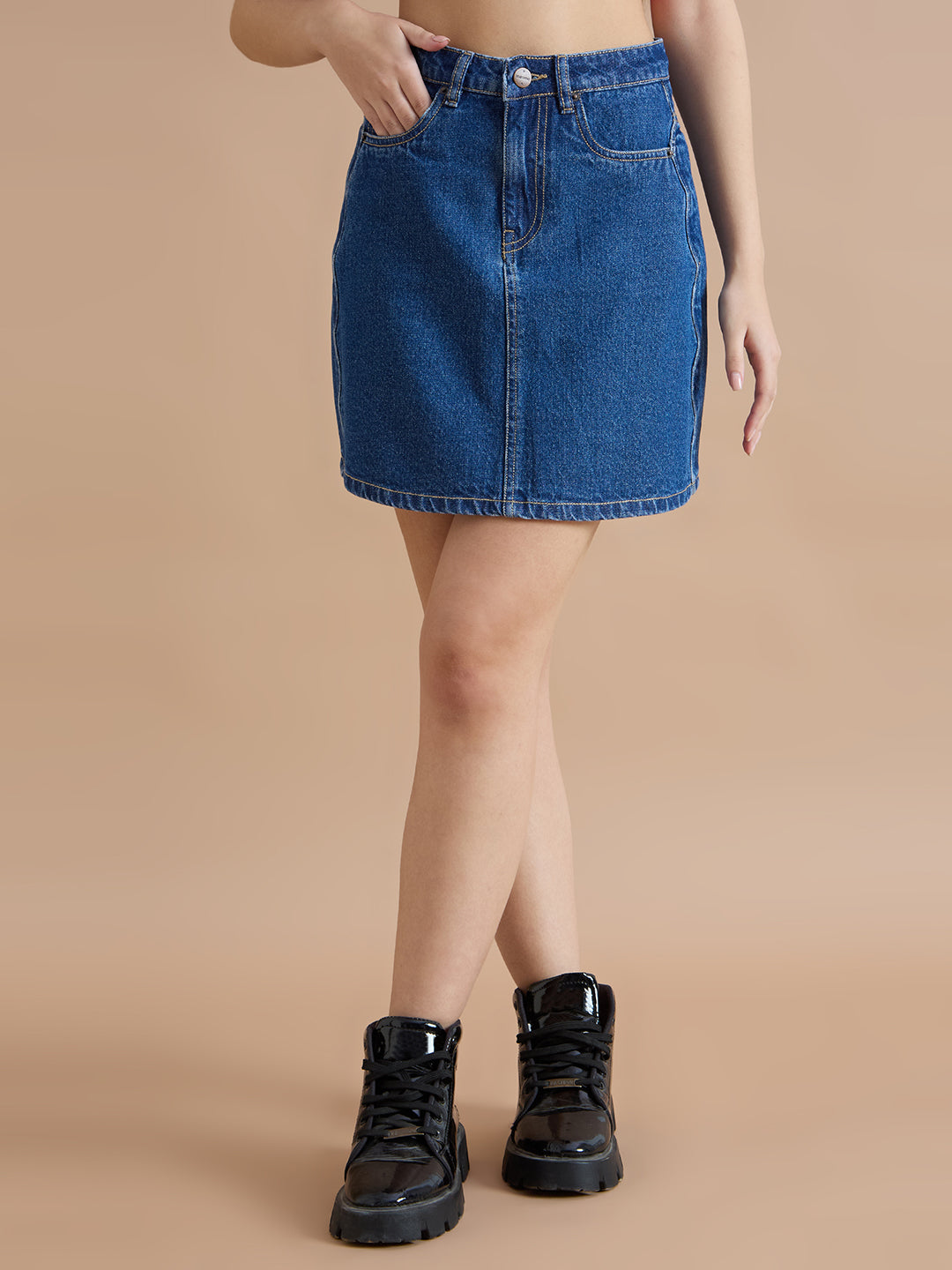 TARAMA Classic Blue Denim Mini Skirt with Wavy Side Detail