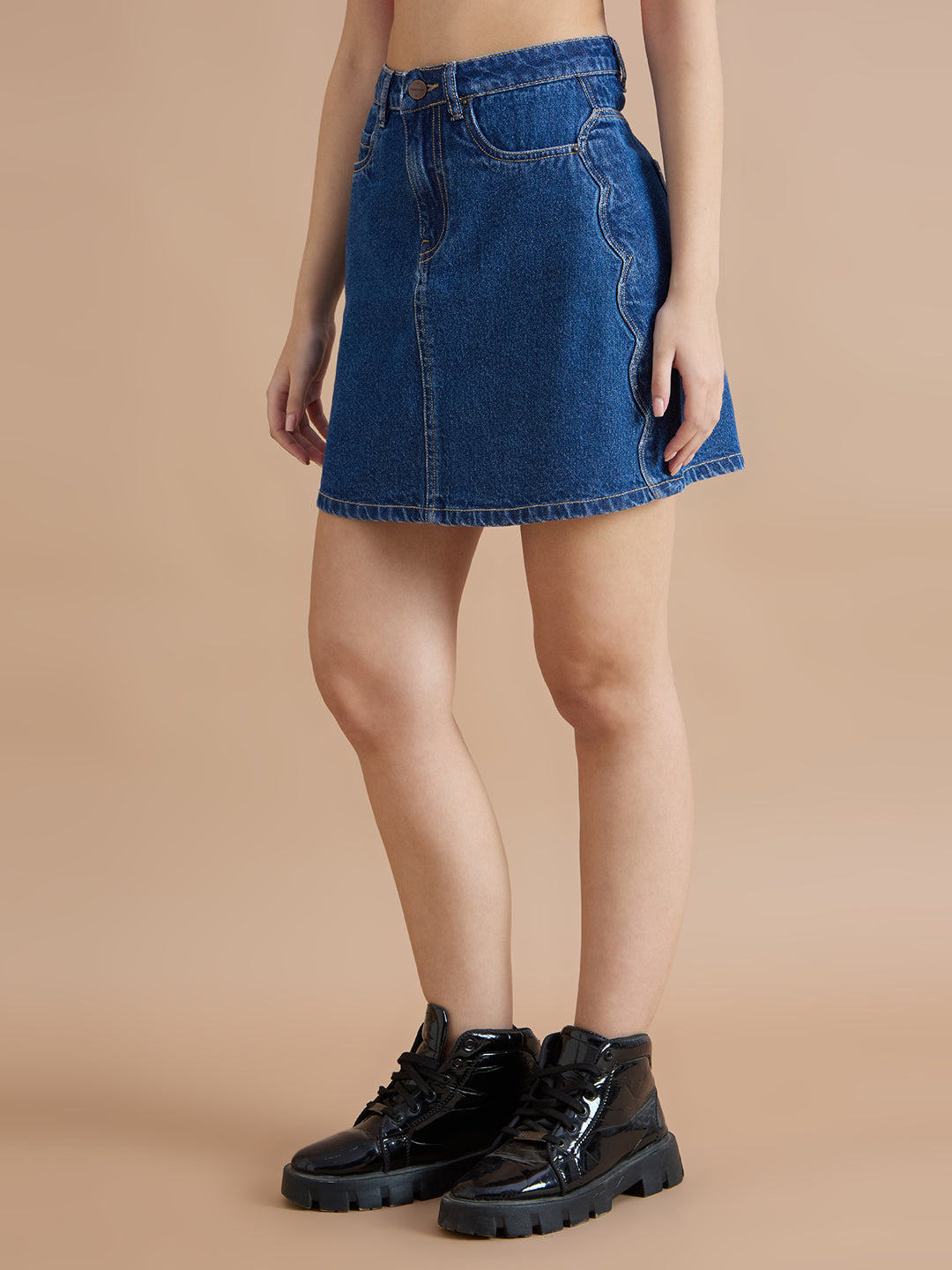 TARAMA Classic Blue Denim Mini Skirt with Wavy Side Detail