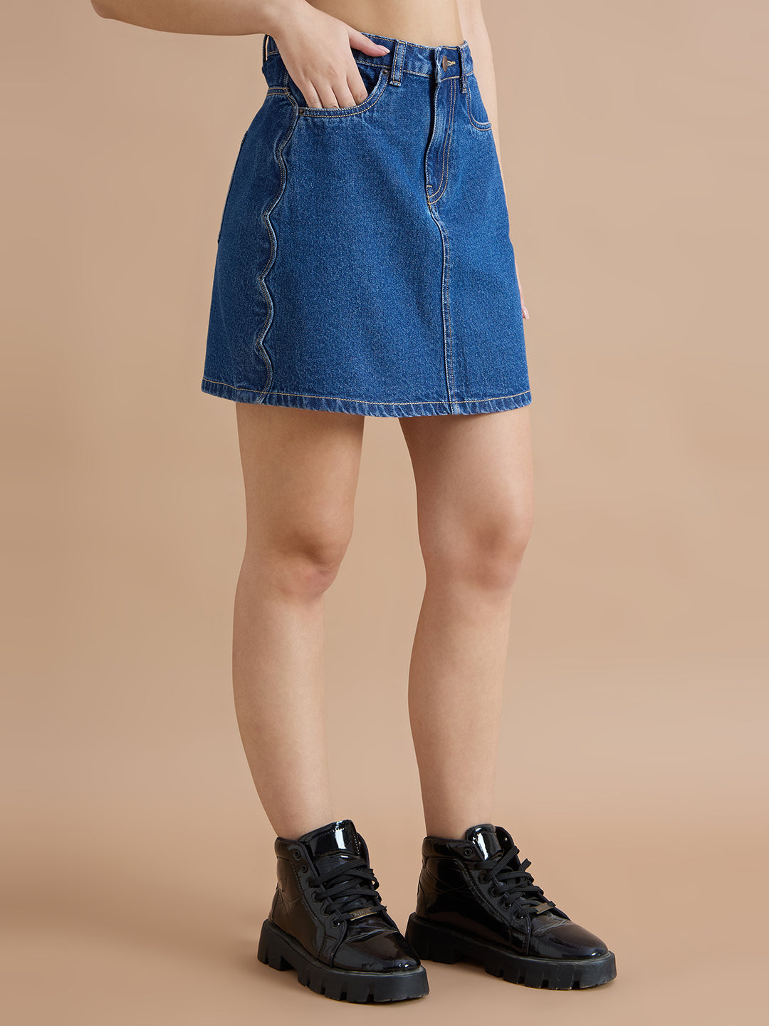 TARAMA Classic Blue Denim Mini Skirt with Wavy Side Detail