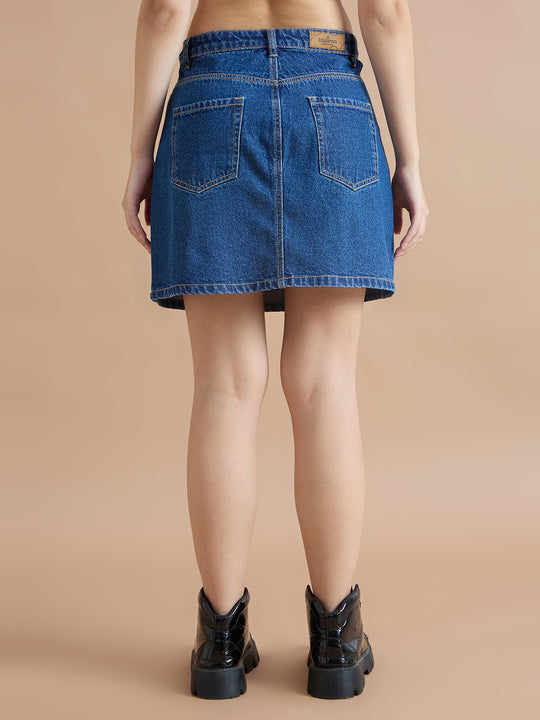 TARAMA Classic Blue Denim Mini Skirt with Wavy Side Detail