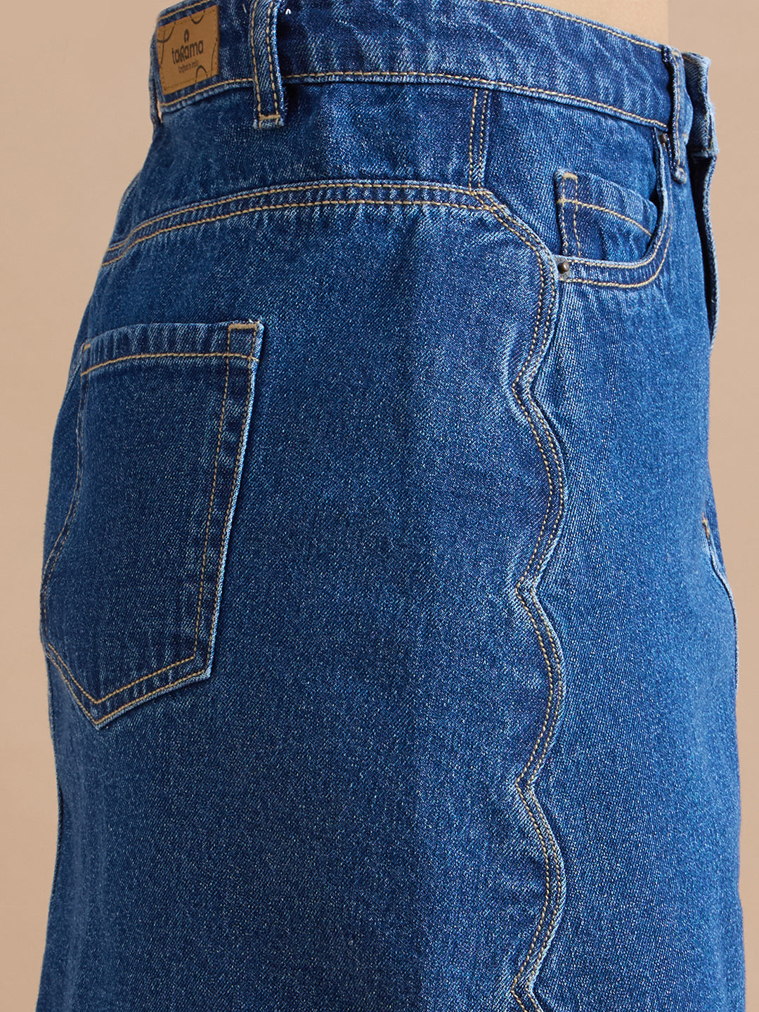 TARAMA Classic Blue Denim Mini Skirt with Wavy Side Detail
