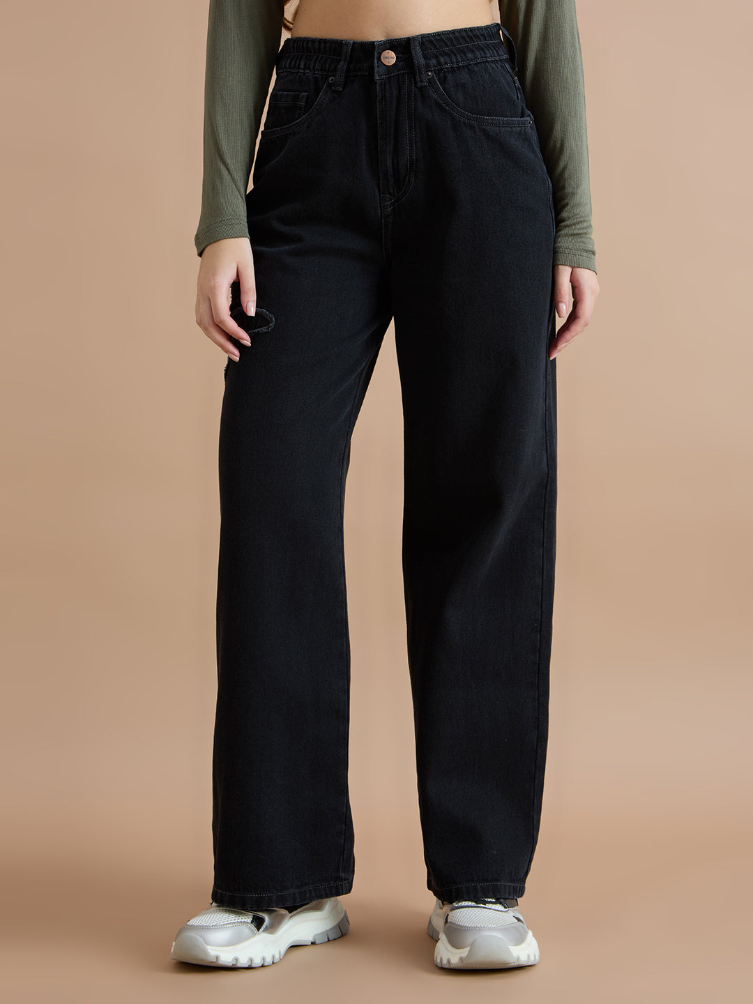 TARAMA High Rise Wide Leg Jeans with Butterfly Embroidery