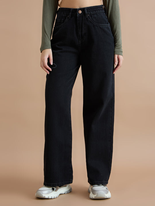 TARAMA High Rise Wide Leg Jeans with Butterfly Embroidery