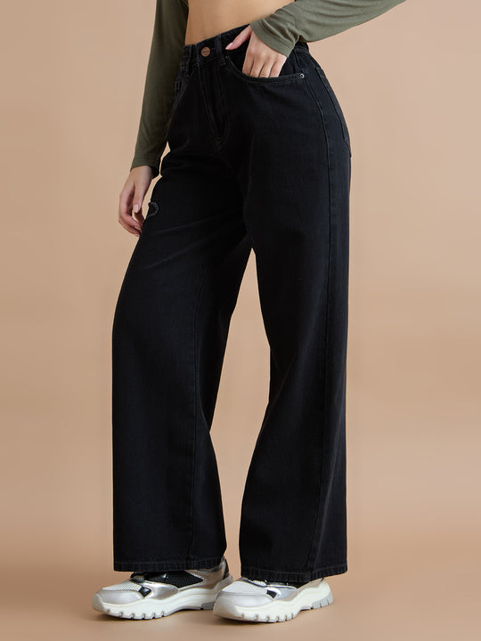 TARAMA High Rise Wide Leg Jeans with Butterfly Embroidery