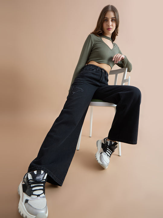 TARAMA High Rise Wide Leg Jeans with Butterfly Embroidery