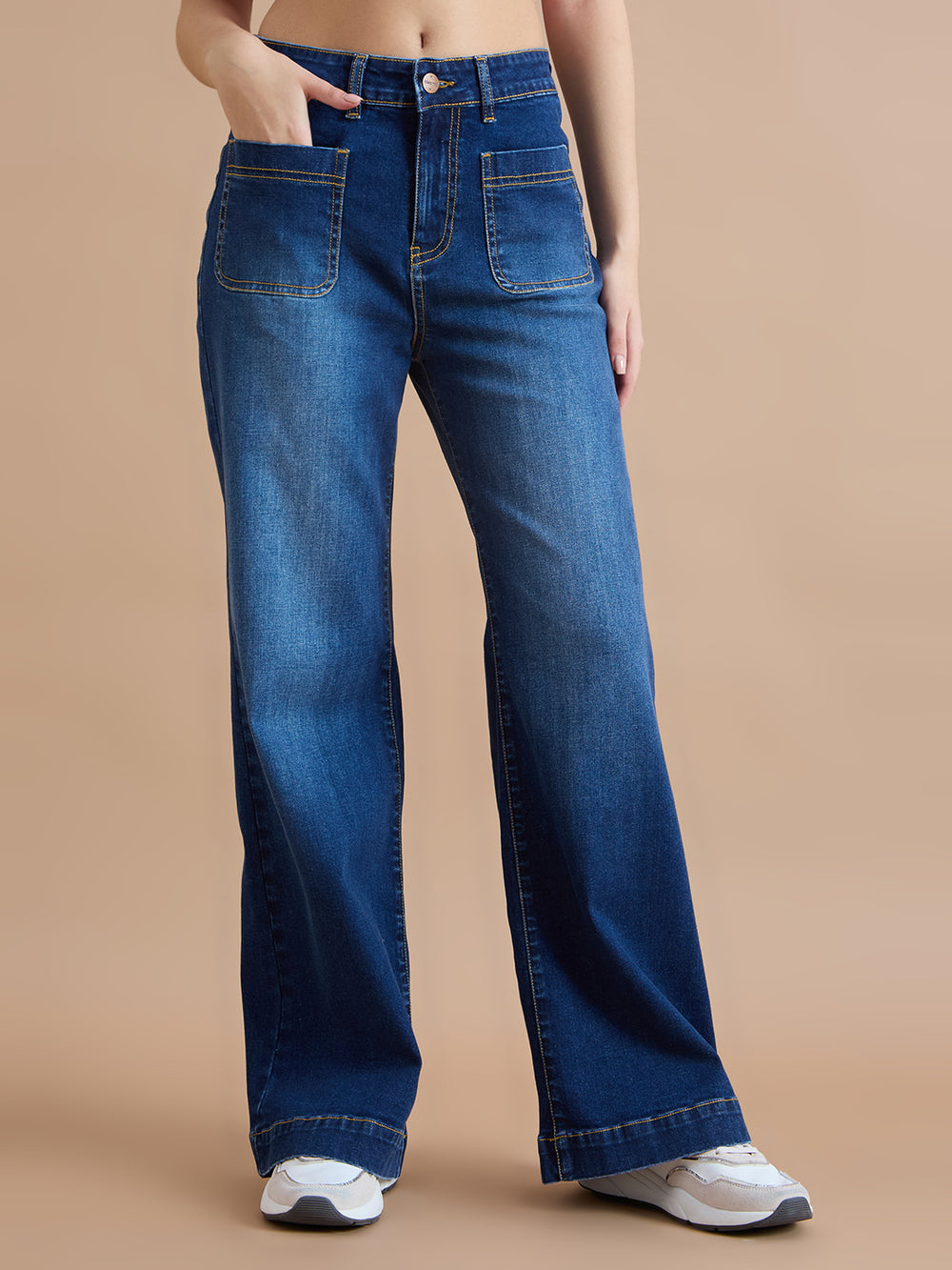 TARAMA High-Waisted Flare Jeans with Angled Pockets