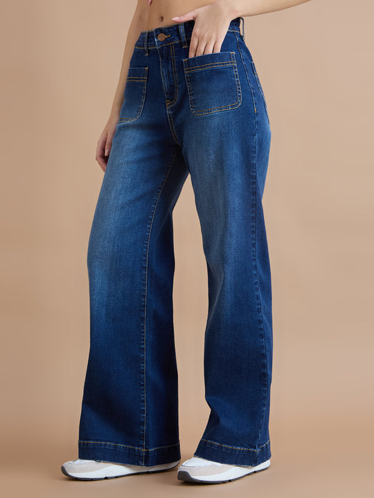 TARAMA High-Waisted Flare Jeans with Angled Pockets