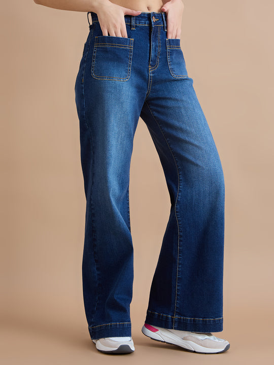 TARAMA High-Waisted Flare Jeans with Angled Pockets
