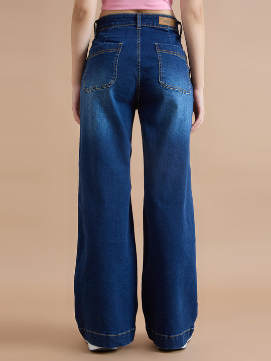 TARAMA High-Waisted Flare Jeans with Angled Pockets