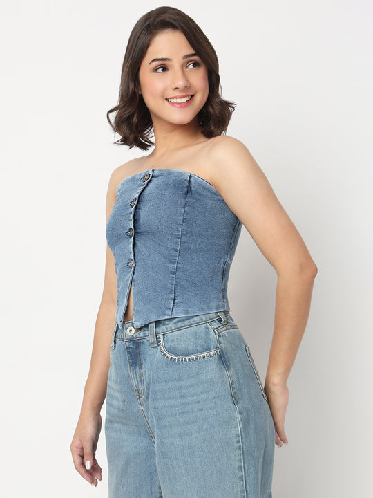 TARAMA Stretchable Women's Mid Blue Denim Corset Top