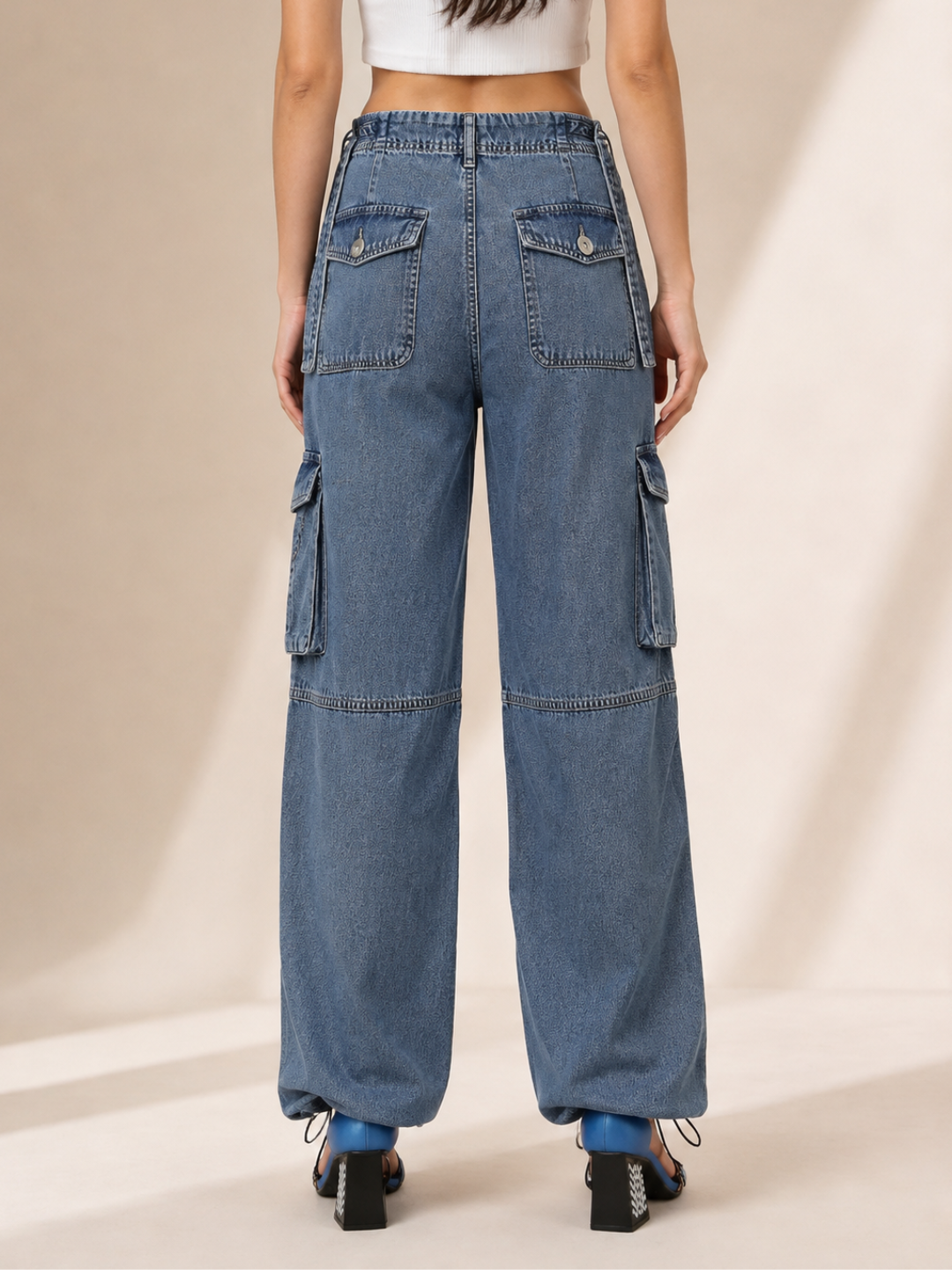Adjustable Hem Wide Leg Cargo Jeans