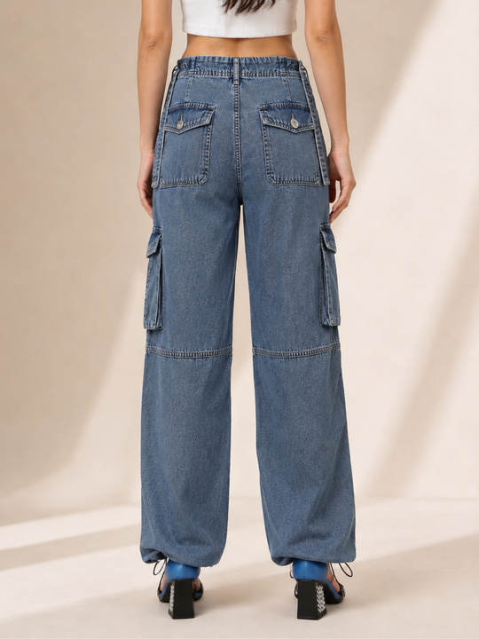 Adjustable Hem Wide Leg Cargo Jeans