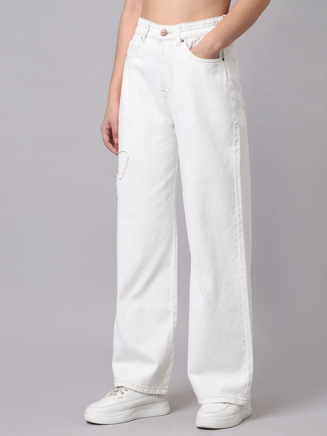TARAMA Bow Appliqué High-Waist Wide-Leg Denim Jeans