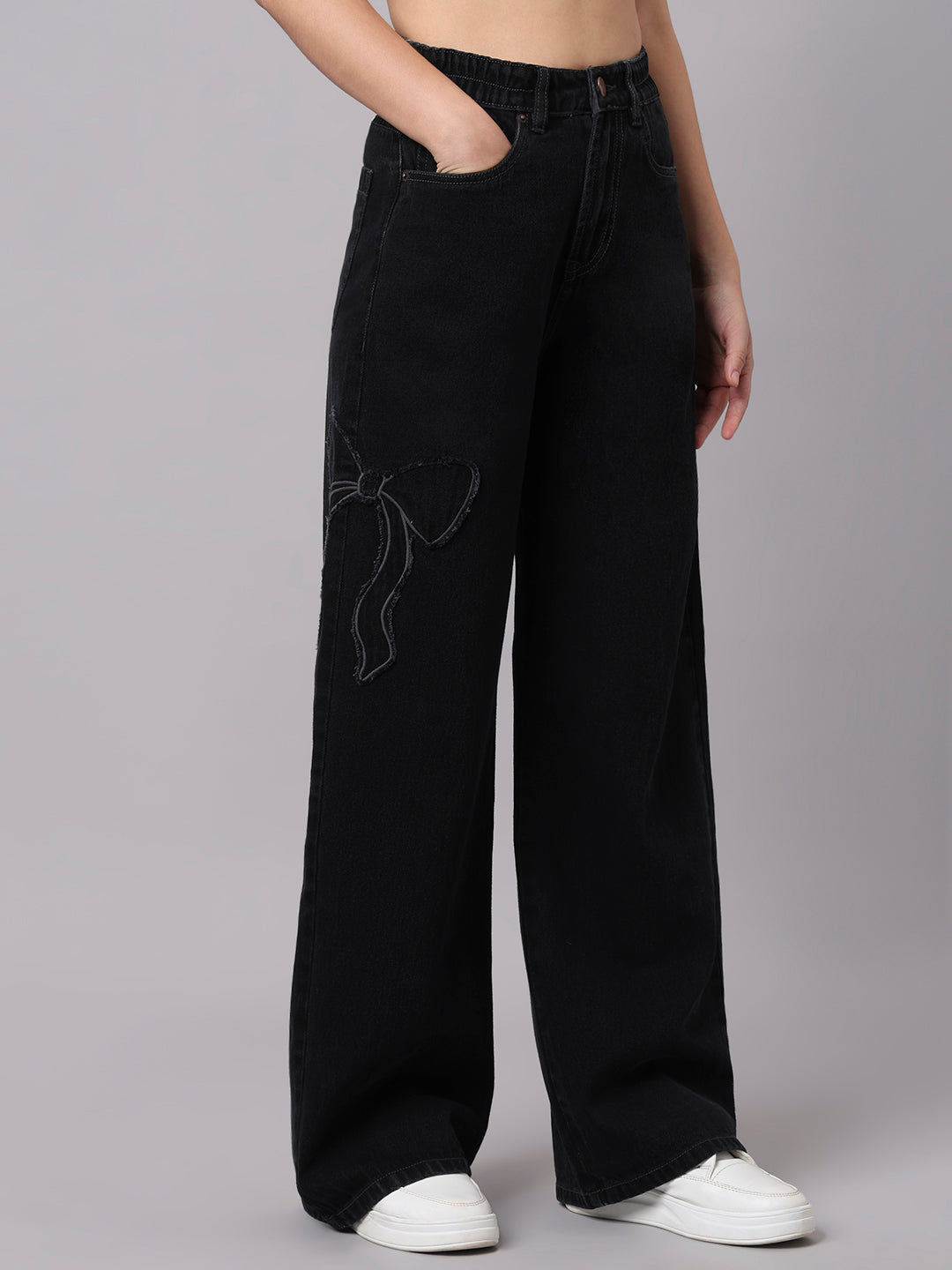 TARAMA Bow Appliqué High-Waist Wide-Leg Denim Jeans