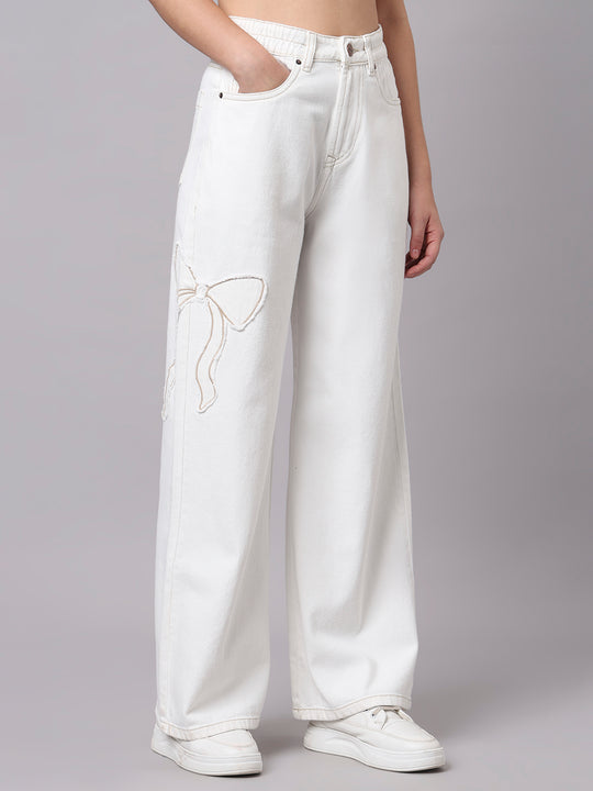 TARAMA Bow Appliqué High-Waist Wide-Leg Denim Jeans