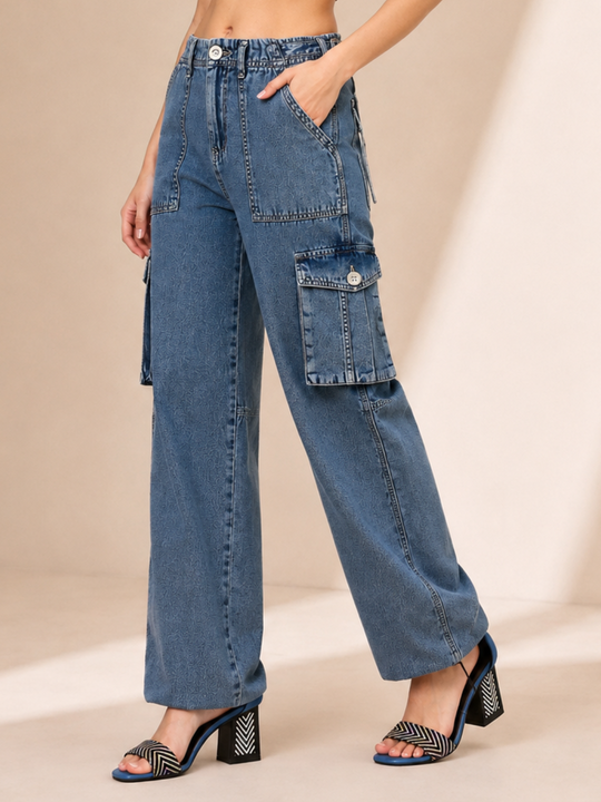 Adjustable Hem Wide Leg Cargo Jeans