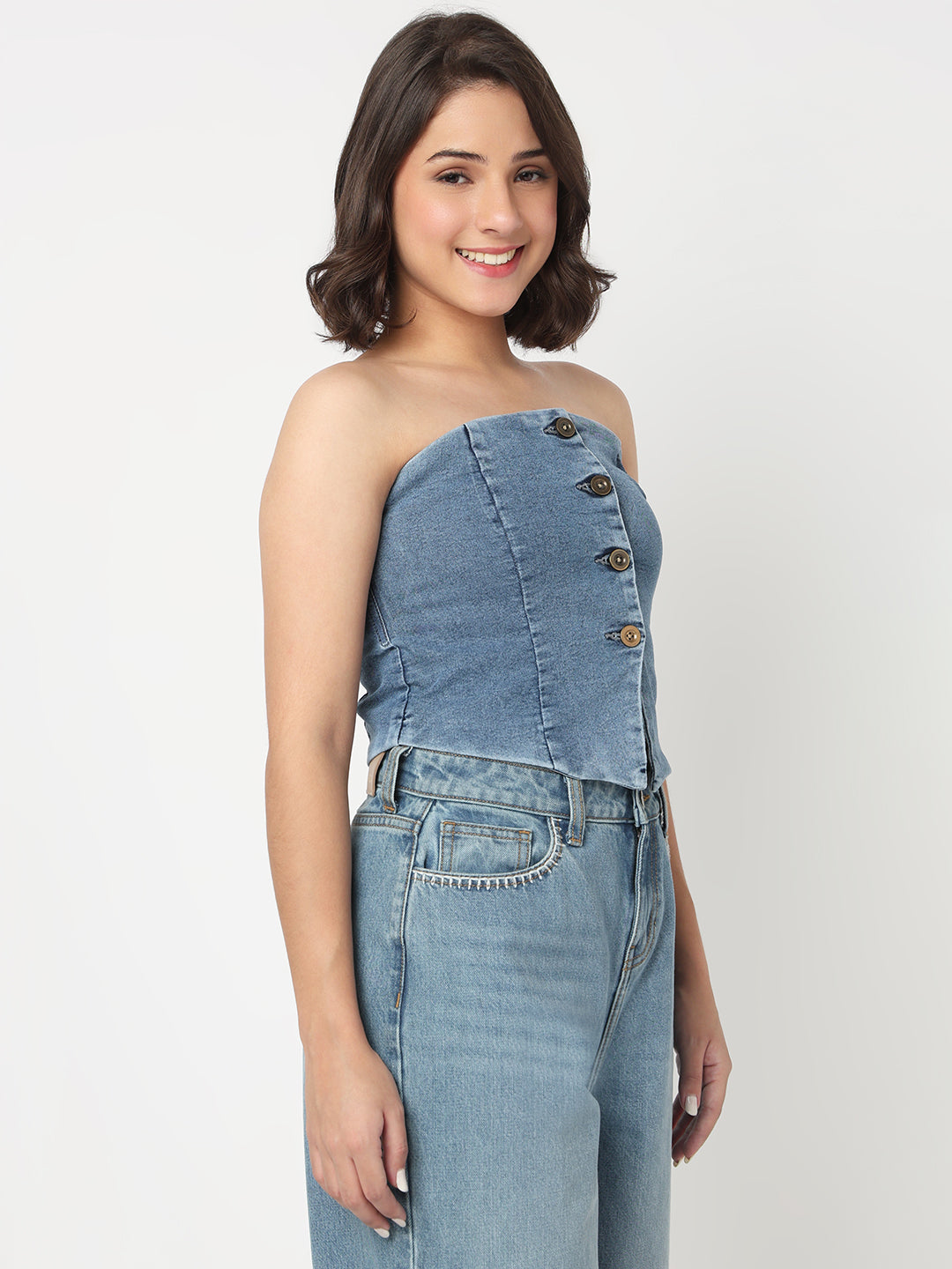TARAMA Stretchable Women's Mid Blue Denim Corset Top