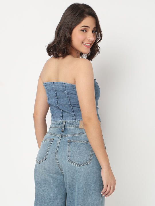 TARAMA Stretchable Women's Mid Blue Denim Corset Top