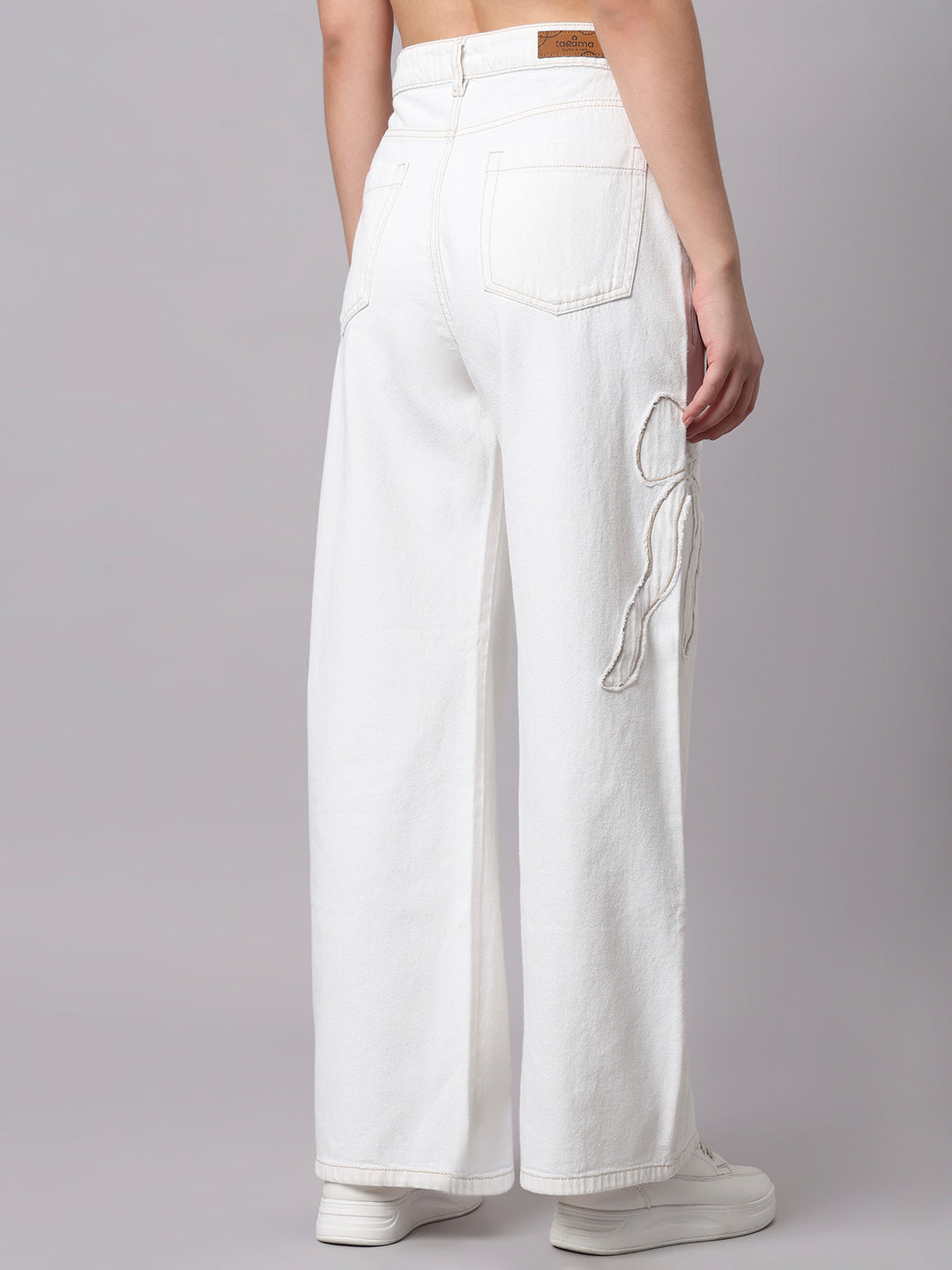TARAMA Bow Appliqué High-Waist Wide-Leg Denim Jeans