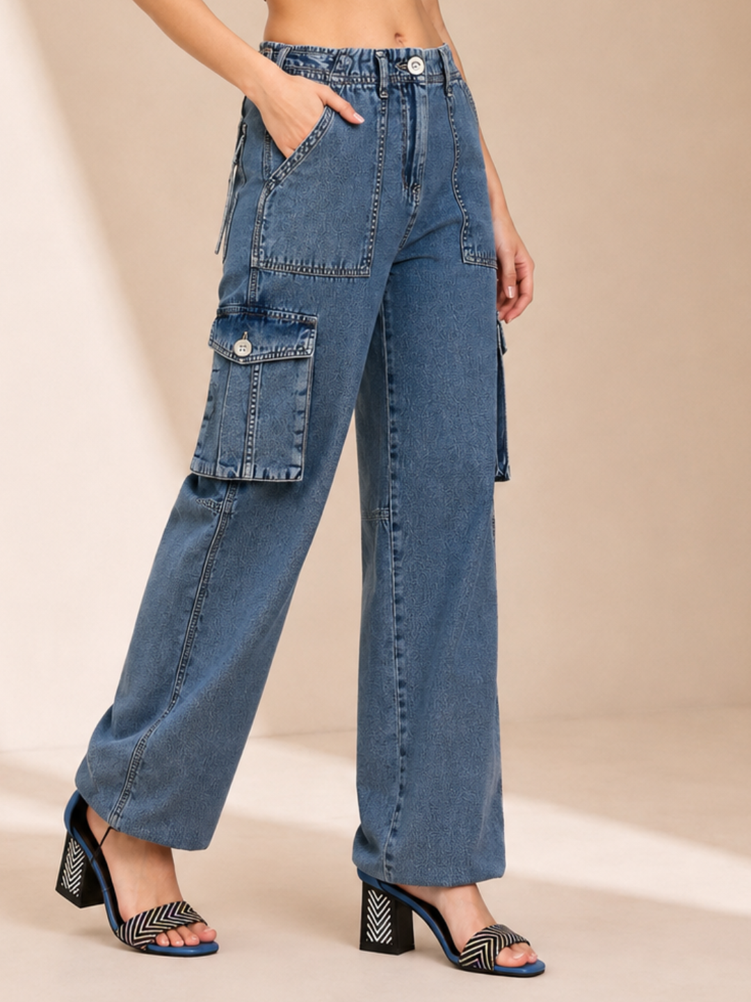 Adjustable Hem Wide Leg Cargo Jeans