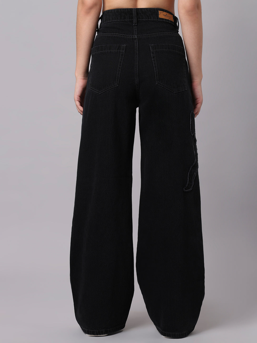TARAMA Bow Appliqué High-Waist Wide-Leg Denim Jeans