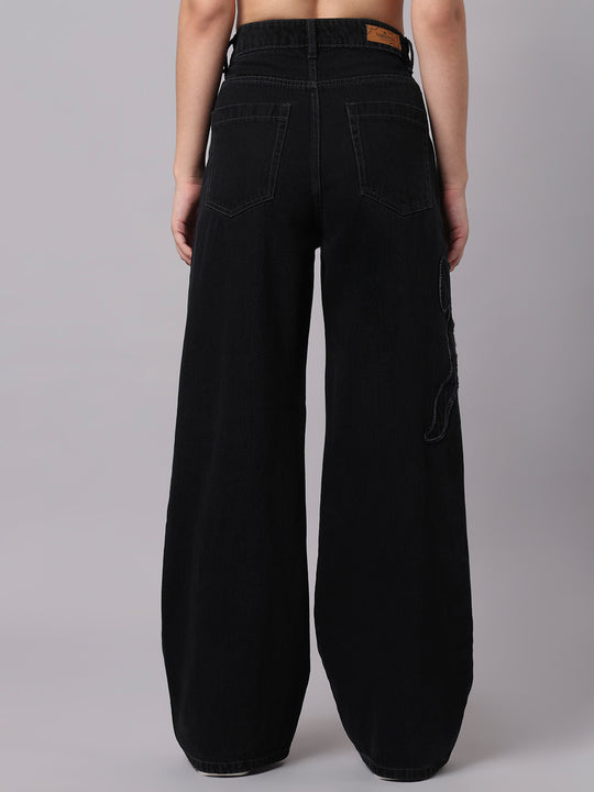 TARAMA Bow Appliqué High-Waist Wide-Leg Denim Jeans