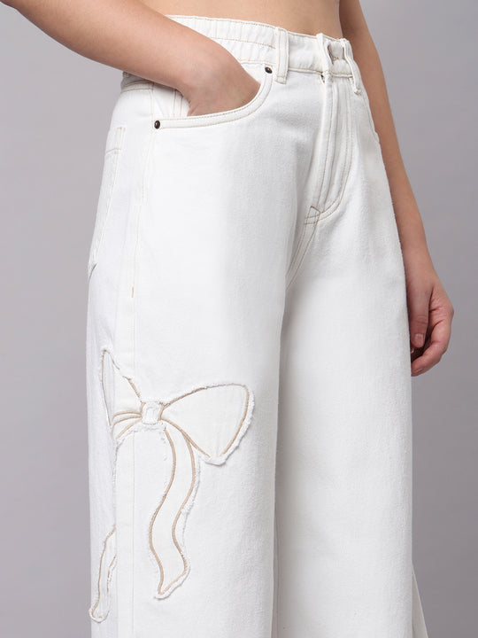 TARAMA Bow Appliqué High-Waist Wide-Leg Denim Jeans