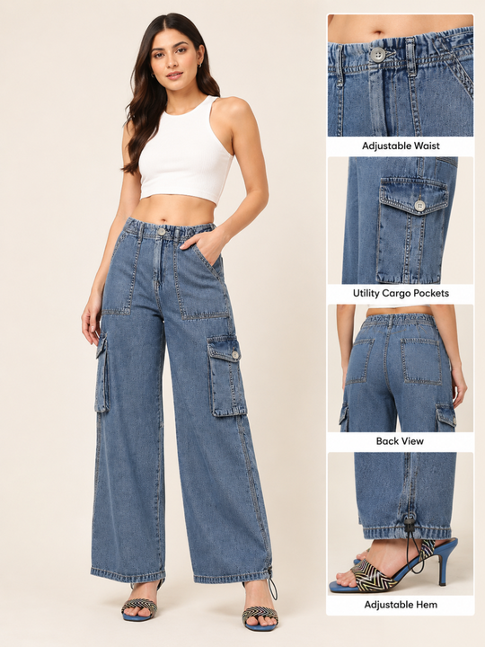 Adjustable Hem Wide Leg Cargo Jeans